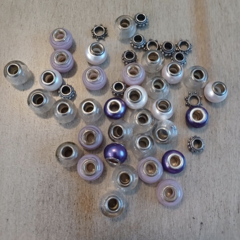 Mixed Lot of 45 Purple Silver Jewelry Bracelet Charm Beads